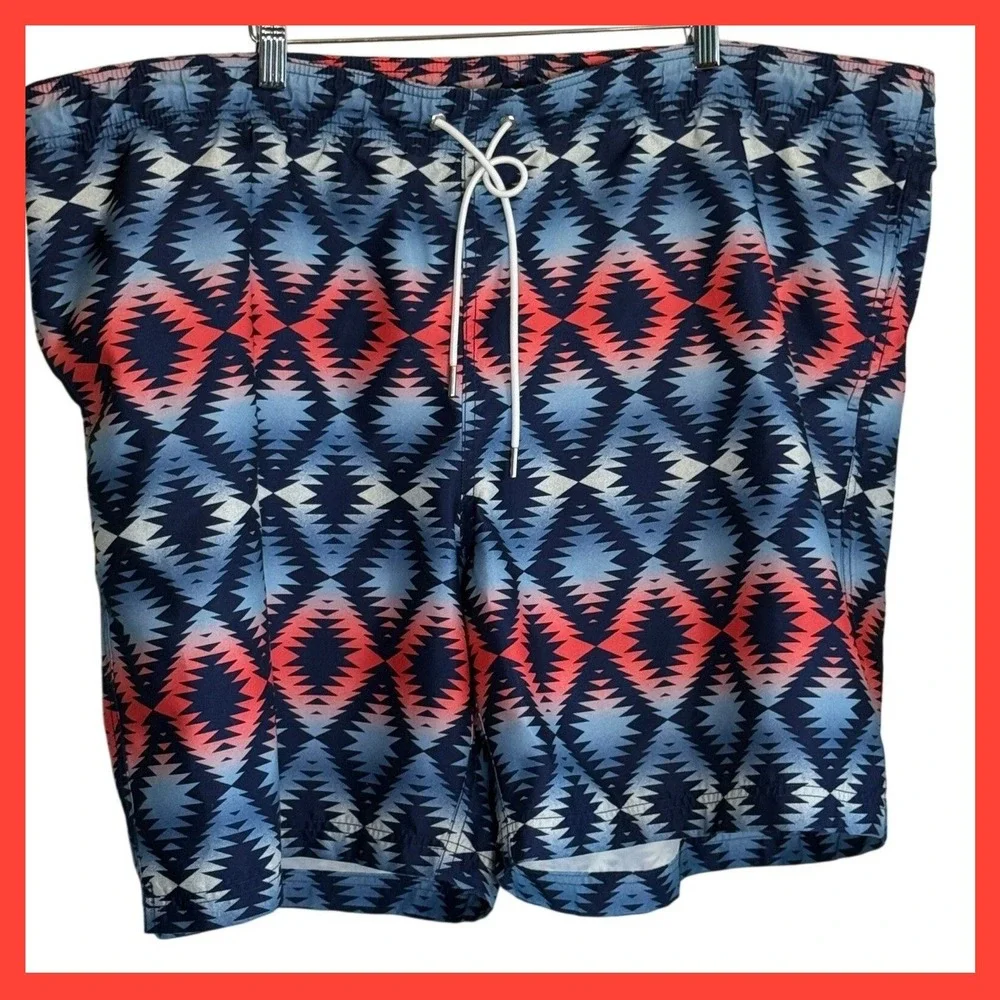 Lands End Mens XXL Swim Trunks Blue Red Geometric Southwestern Shorts 44-46